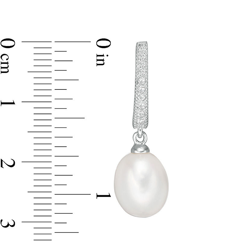 Main Image 2 of 9.0-10.0mm Oval Freshwater Cultured Pearl and Lab-Created White Sapphire Drop Earrings in Sterling Silver
