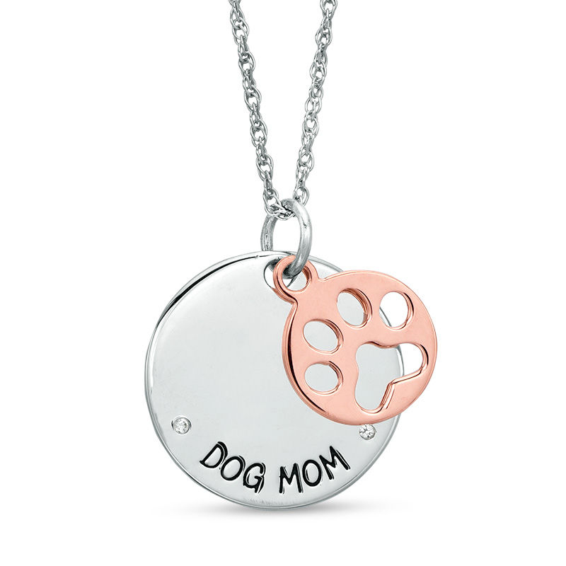 Main Image 1 of Lab-Created White Sapphire "DOG MOM" Circle Pendant with Paw Charm in Sterling Silver and 18K Rose Gold Plate