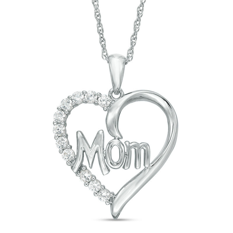 Lab-Created White Sapphire "Mom" Heart Pendant in Sterling Silver