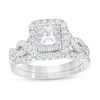 Thumbnail Image 0 of 1-1/2 CT. T.W. Certified Radiant-Cut Diamond Frame Twist Shank Bridal Set in 14K White Gold (I/I1)