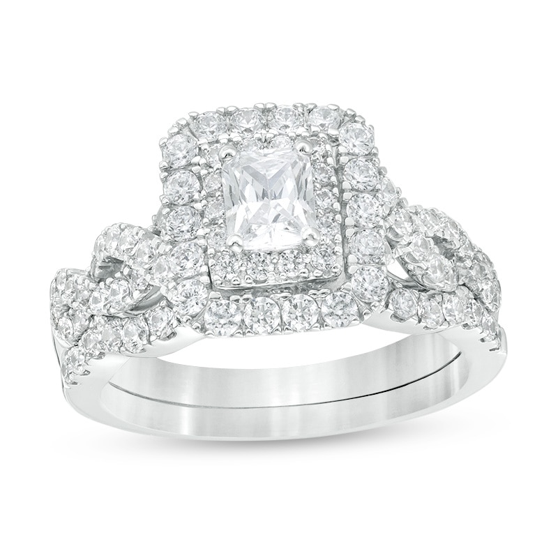 Main Image 1 of 1-1/2 CT. T.W. Certified Radiant-Cut Diamond Frame Twist Shank Bridal Set in 14K White Gold (I/I1)