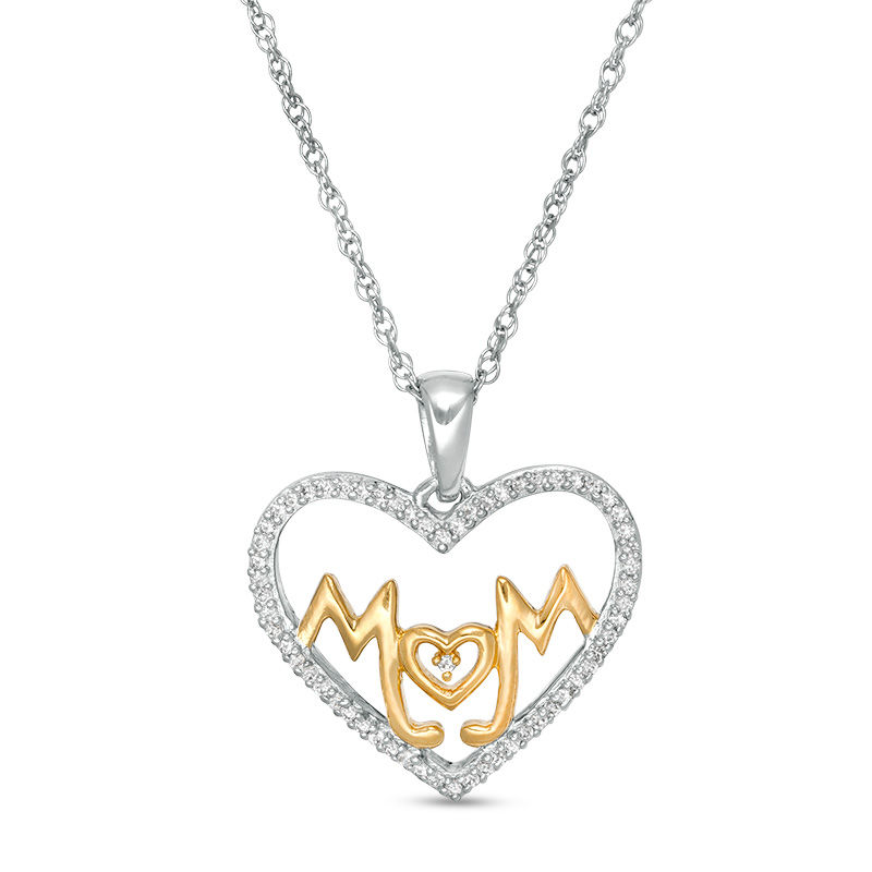 Main Image 1 of 1/10 CT. T.W. Diamond "MOM" Heart Pendant in Sterling Silver and 14K Gold Plate