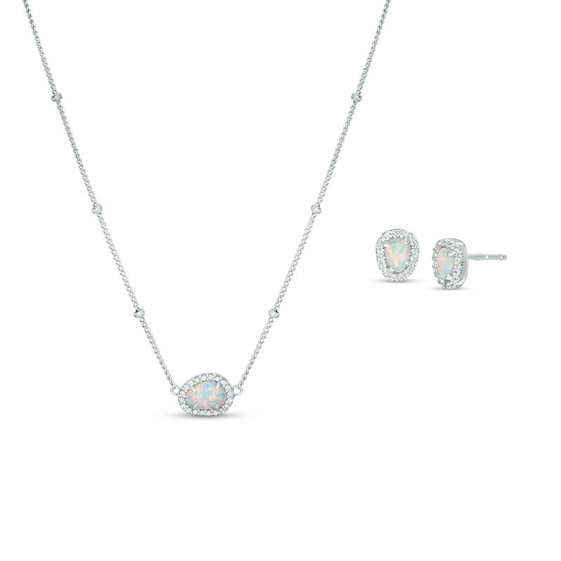 Main Image 1 of Pear-Shaped Lab-Created Opal and White Sapphire Frame Necklace and Stud Earrings Set in Sterling Silver