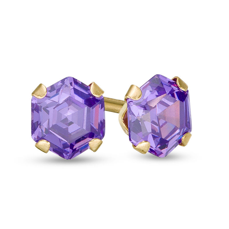 Child's 4.0mm Hexagonal Purple Cubic Zirconia Solitaire Stud Earrings in 14K Gold