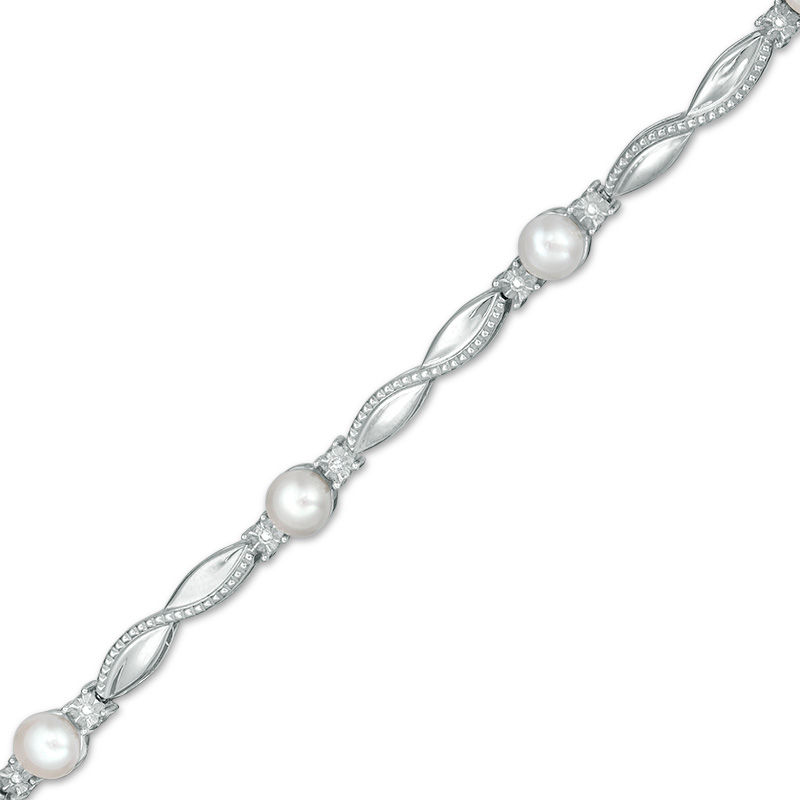 4.0mm Button Cultured Freshwater Pearl and Diamond Accent Twist Vintage-Style Bracelet in Sterling Silver - 7.5"