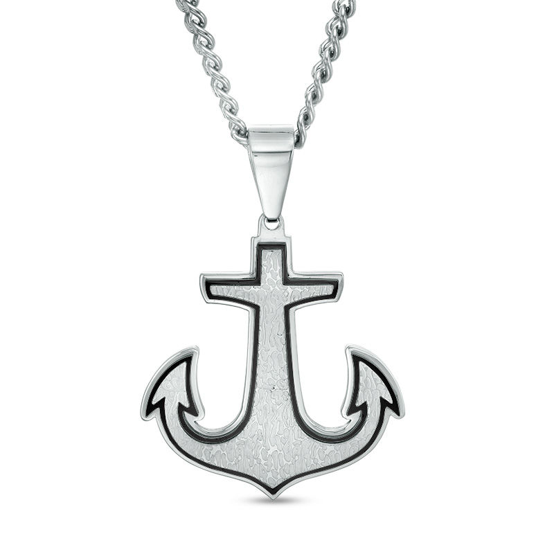 Men's Anchor Pendant in Stainless Steel with Black IP - 24"
