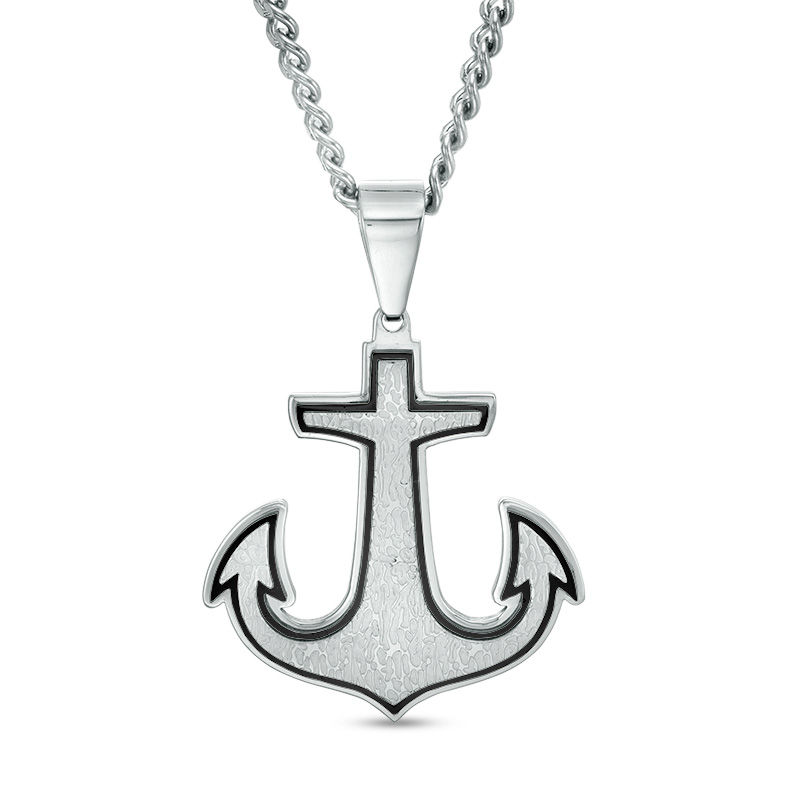 Main Image 1 of Men's Anchor Pendant in Stainless Steel with Black IP - 24"