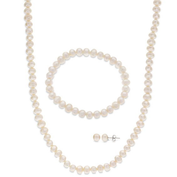 5.0-7.0mm Baroque and Button Cultured Freshwater Pearl Strand Necklace, Stud Earrings, and Bracelet in Sterling Silver 5.0-7.0mm Baroque and Button Cultured Freshwater Pearl Strand Necklace, Stud Earrings, and Bracelet in Sterling Silver