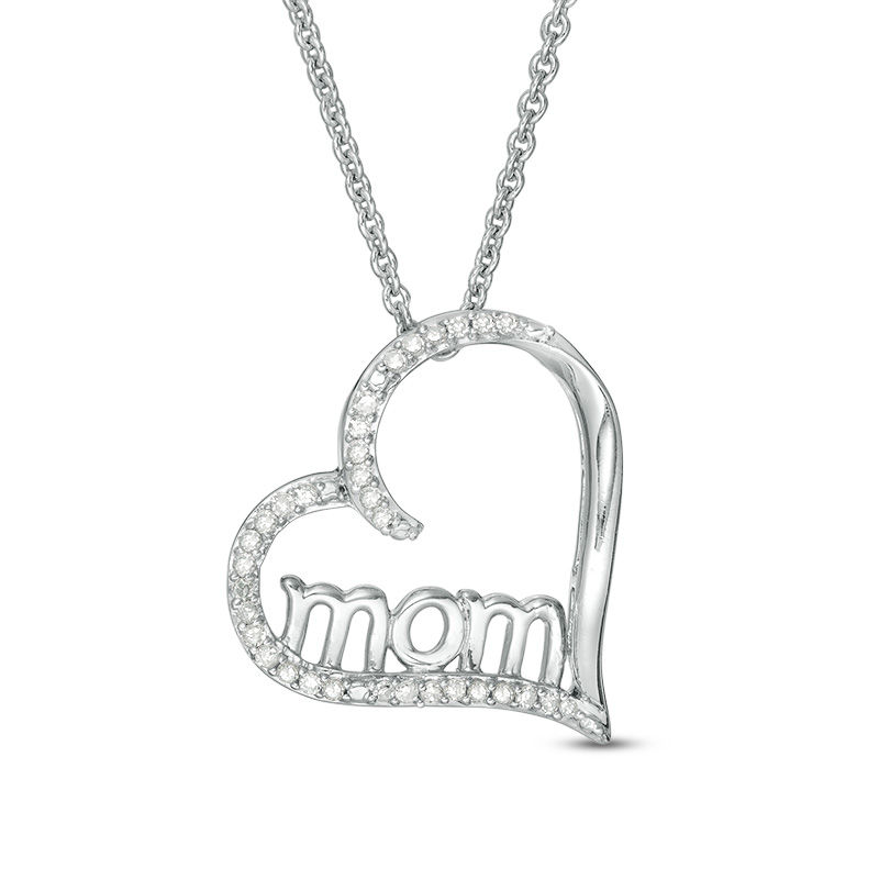 Main Image 1 of 1/10 CT. T.W. Diamond "mom" Tilted Outline Heart Pendant in Sterling Silver