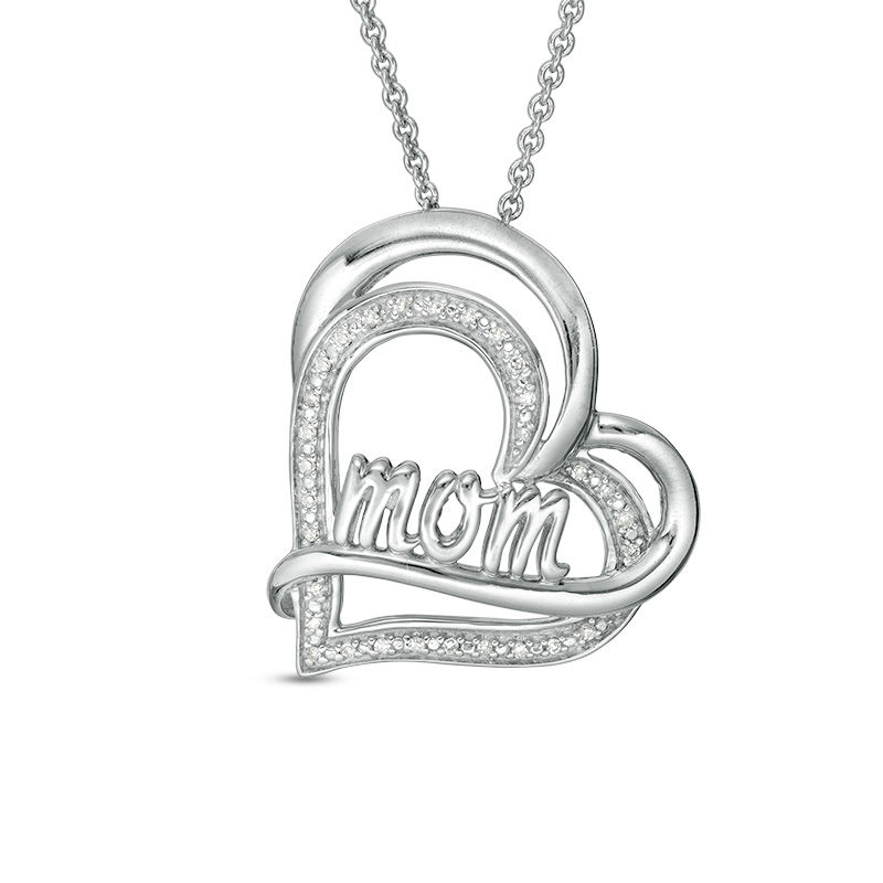 1/20 CT. T.W. Diamond "mom" Tilted Outline Double Heart Pendant in Sterling Silver