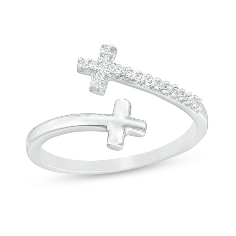 Main Image 1 of 1/20 CT. T.W. Diamond Cross Bypass Open Midi Ring in Sterling Silver - Size 4