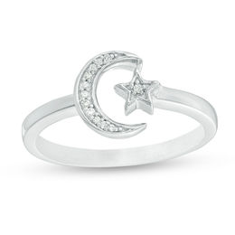 Diamond Accent Crescent Moon and Star Open Ring in Sterling Silver