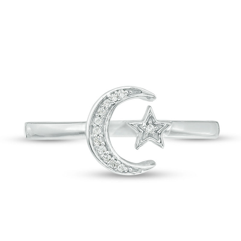 Diamond Accent Crescent Moon and Star Open Ring in Sterling Silver