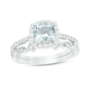 Thumbnail Image 1 of 6.0mm Cushion-Cut Aquamarine and 1/5 CT. T.W. Diamond Frame Art Deco Bridal Set in 10K White Gold