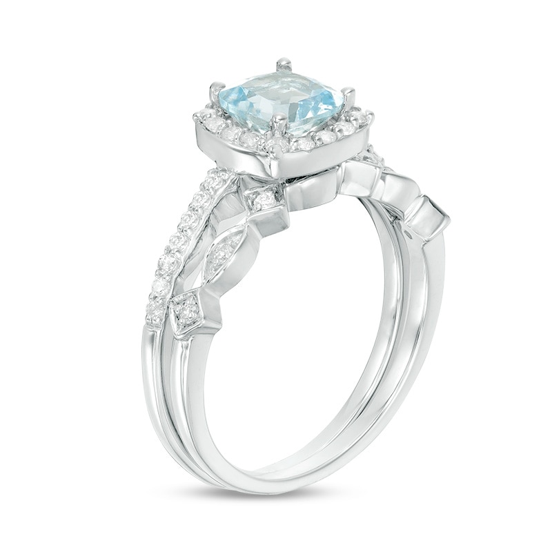 Main Image 2 of 6.0mm Cushion-Cut Aquamarine and 1/5 CT. T.W. Diamond Frame Art Deco Bridal Set in 10K White Gold