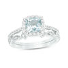 Thumbnail Image 0 of 6.0mm Cushion-Cut Aquamarine and 1/5 CT. T.W. Diamond Frame Art Deco Bridal Set in 10K White Gold