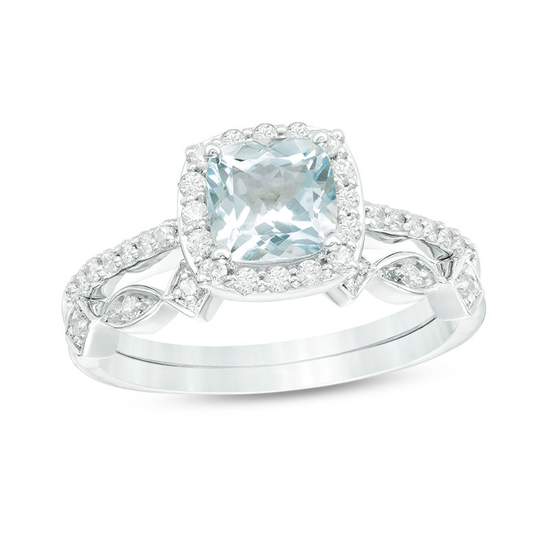 6.0mm Cushion-Cut Aquamarine and 1/5 CT. T.W. Diamond Frame Art Deco Bridal Set in 10K White Gold