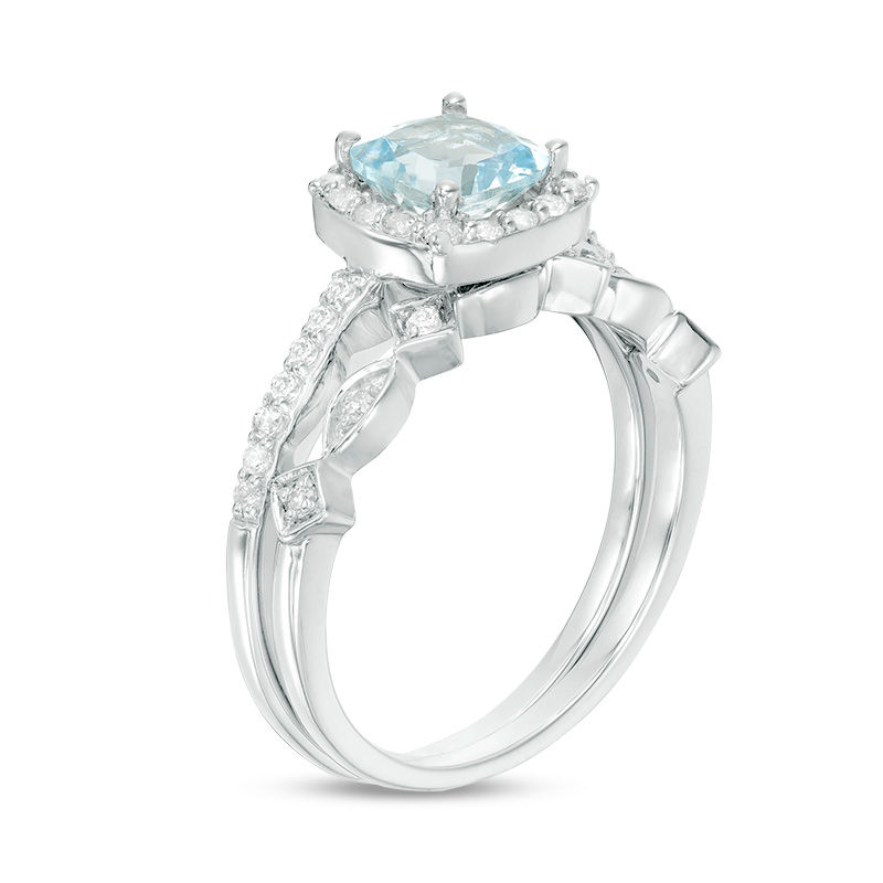 Bridal Set Silver Ring 5ct Halo Cushion Created Tanzanite Engagement Annivers