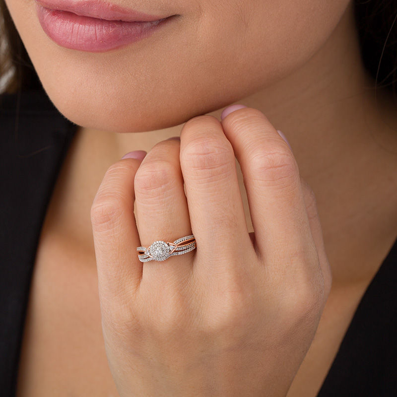 Main Image 3 of 1/4 CT. T.W. Diamond Double Frame V-Sides Bridal Set in 10K Rose Gold