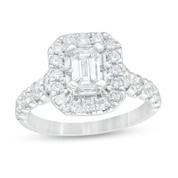 Celebration Ideal 2 CT. T.W. Emerald-Cut and Round Certified Diamond Double Frame Engagement Ring in 14K White Gold (I/I1)
