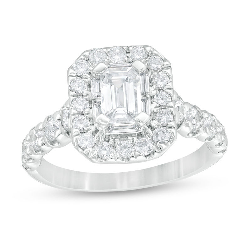 Celebration Ideal 2 CT. T.W. Emerald-Cut and Round Diamond Double Frame Engagement Ring in 14K White Gold (I/I1)