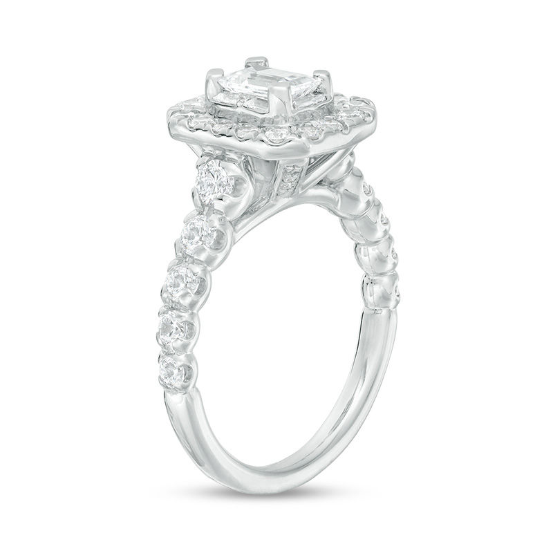 Celebration Ideal 2 CT. T.W. Emerald-Cut and Round Diamond Double Frame Engagement Ring in 14K White Gold (I/I1)