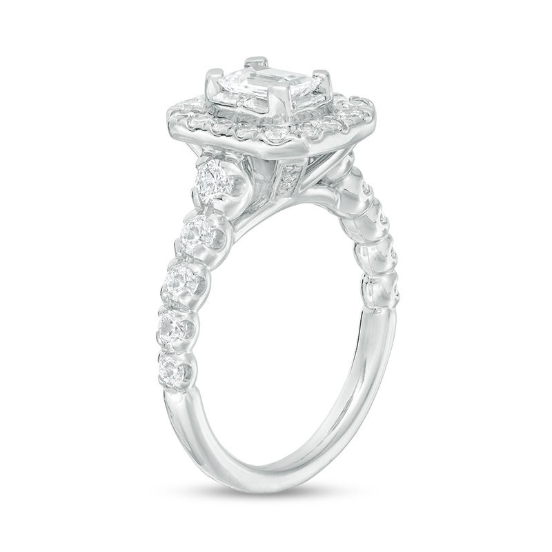 Main Image 2 of Celebration Ideal 2 CT. T.W. Emerald-Cut and Round Certified Diamond Double Frame Engagement Ring in 14K White Gold (I/I1)