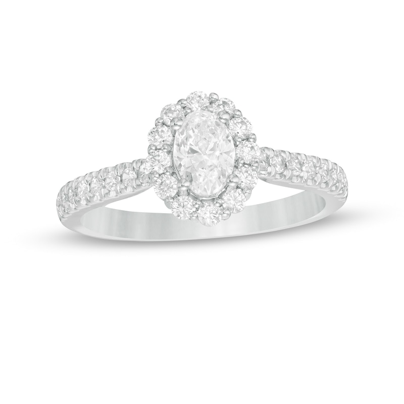 Main Image 1 of Love's Destiny by Zales 1 CT. T.W. Certified Oval Diamond Scallop Frame Engagement Ring in 14K White Gold (I/SI2)