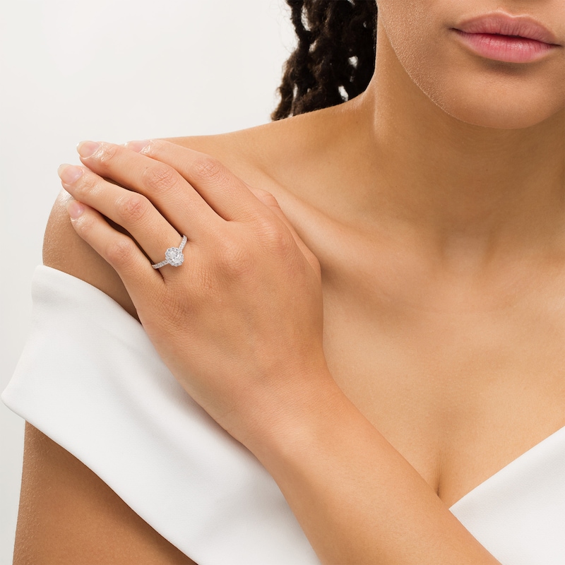 Main Image 2 of Love's Destiny by Zales 1 CT. T.W. Certified Oval Diamond Scallop Frame Engagement Ring in 14K White Gold (I/SI2)