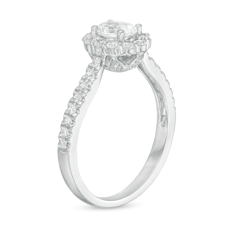 Main Image 3 of Love's Destiny by Zales 1 CT. T.W. Certified Oval Diamond Scallop Frame Engagement Ring in 14K White Gold (I/SI2)