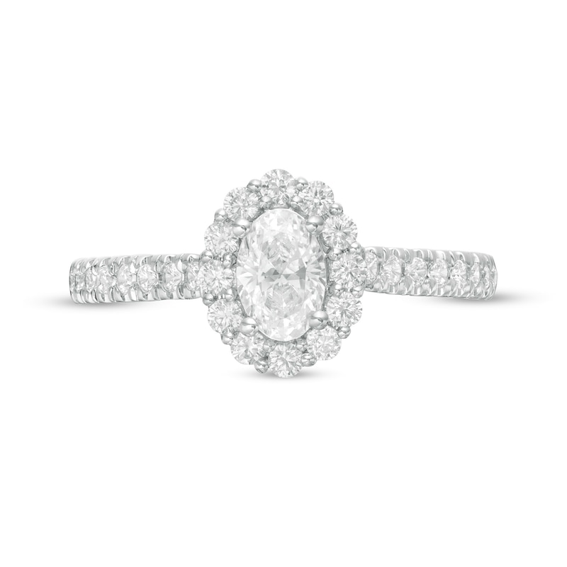 Main Image 4 of Love's Destiny by Zales 1 CT. T.W. Certified Oval Diamond Scallop Frame Engagement Ring in 14K White Gold (I/SI2)