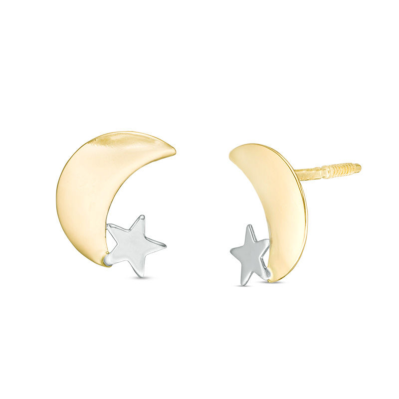 Child's Crescent Moon and Star Stud Earrings in 14K Two-Tone Gold