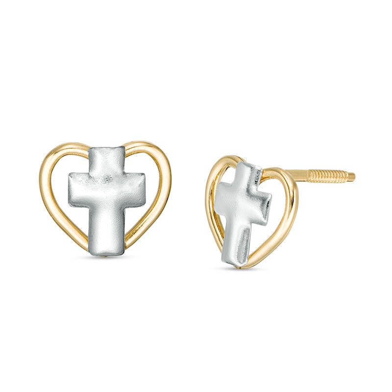 Child's Heart and Cross Stud Earrings in 14K Two-Tone Gold