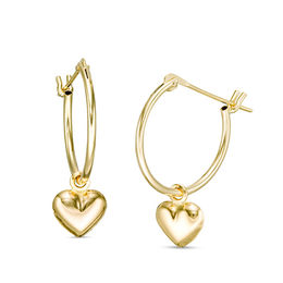Child's Puff Heart Dangle Hoop Earrings in 14K Gold