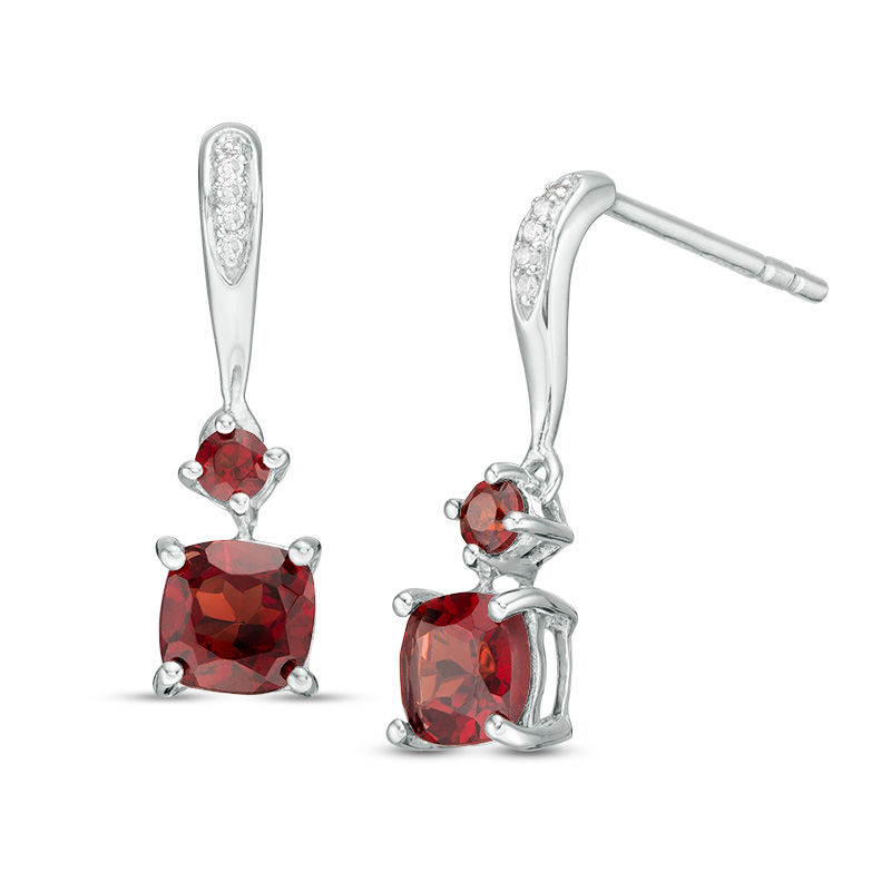 Main Image 1 of Cushion-Cut and Round Garnet with Diamond Accent Drop Earrings in Sterling Silver