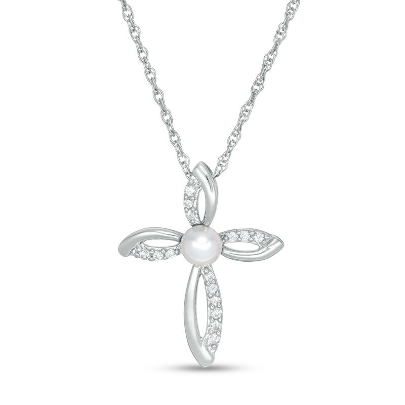 4.0mm Button Cultured Freshwater Pearl and Lab-Created White Sapphire Loop Cross Pendant in Sterling Silver