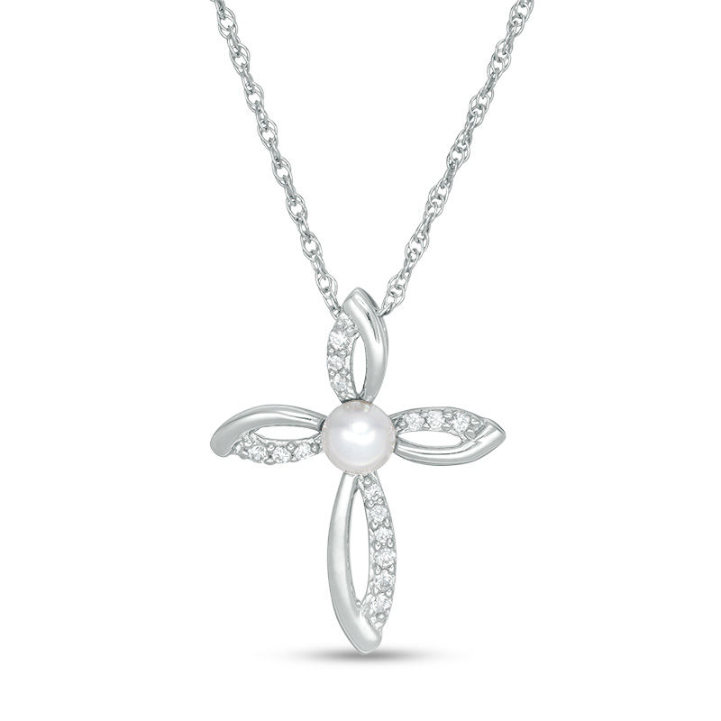 Main Image 1 of 4.0mm Button Freshwater Cultured Pearl and Lab-Created White Sapphire Loop Cross Pendant in Sterling Silver
