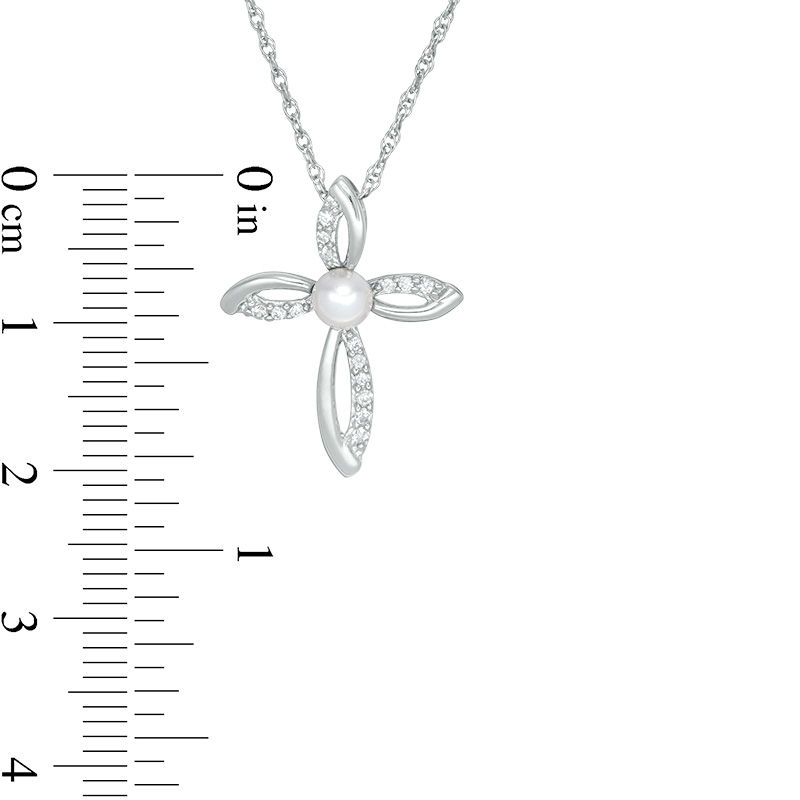 Main Image 2 of 4.0mm Button Freshwater Cultured Pearl and Lab-Created White Sapphire Loop Cross Pendant in Sterling Silver