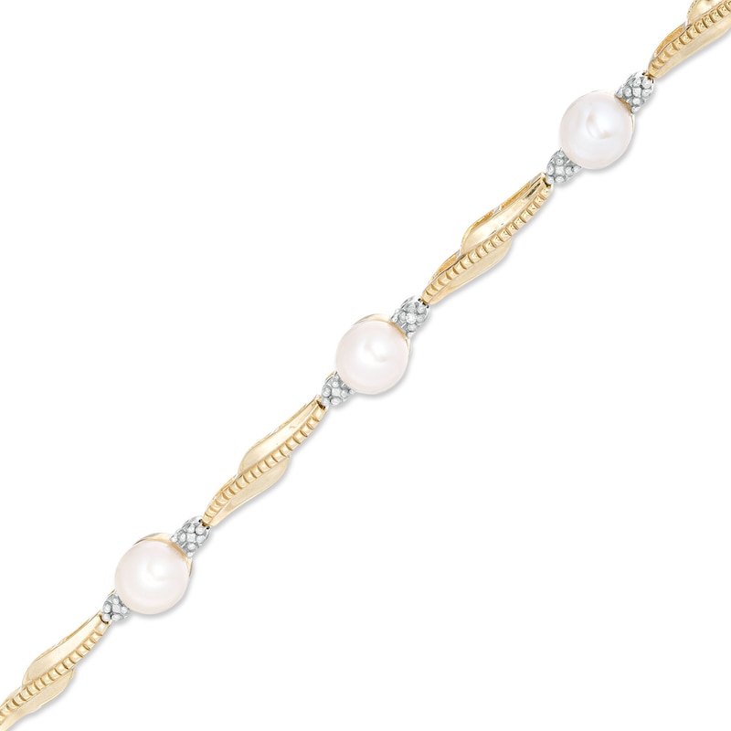 Main Image 1 of Button Freshwater Cultured Pearl and Diamond Accent Wave Link Bracelet in Sterling Silver with 10K Gold Plate-7.5"
