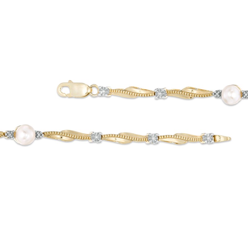 Main Image 2 of Button Freshwater Cultured Pearl and Diamond Accent Wave Link Bracelet in Sterling Silver with 10K Gold Plate-7.5"