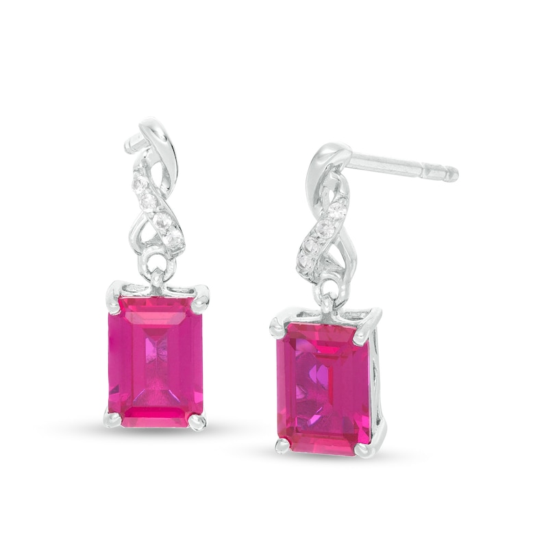 Emerald-Cut Lab-Created Ruby and White Sapphire Infinity Drop Earrings in Sterling Silver