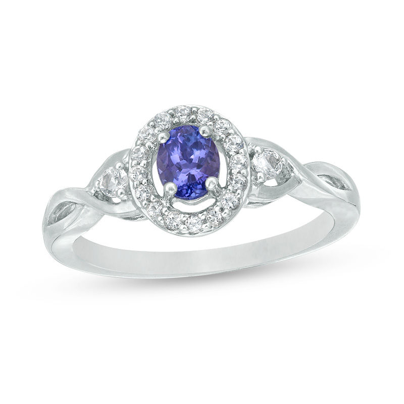 Oval Tanzanite and Lab-Created White Sapphire Frame Twist Ring in Sterling Silver