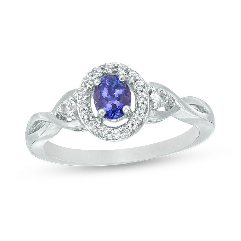Main Image 1 of Oval Tanzanite and Lab-Created White Sapphire Frame Twist Ring in Sterling Silver