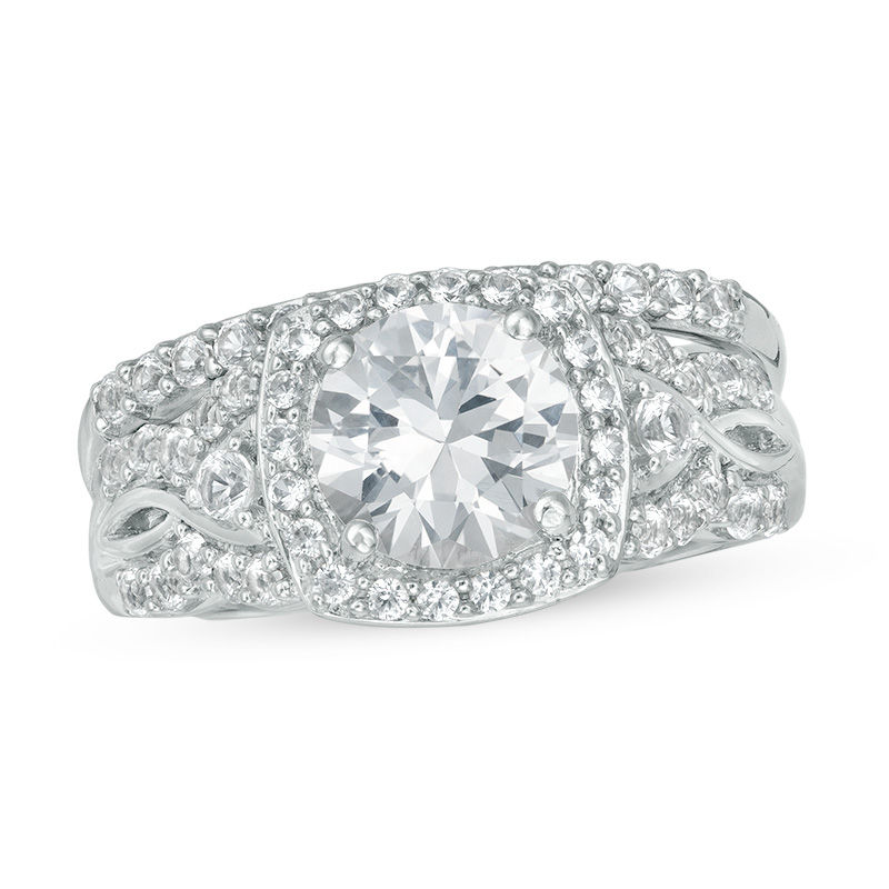 Main Image 1 of Lab-Created White Sapphire Cushion Frame Twist Bridal Set in Sterling Silver