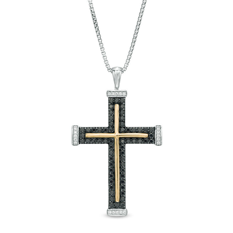 Main Image 1 of Men's 1 CT. T.W. Enhanced Black and White Diamond Cross Pendant in Two-Tone Sterling Silver and 10K Gold - 22"