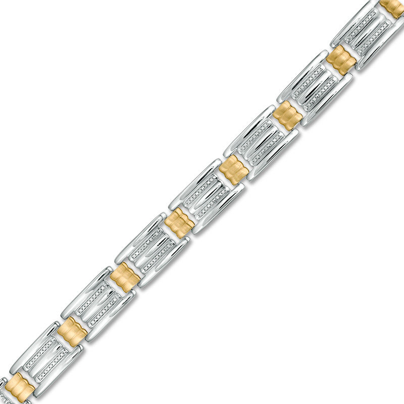Men's 1/3 CT. T.W. Diamond Double Row and Barrel Link Bracelet in Sterling Silver and 10K Gold - 8.5"