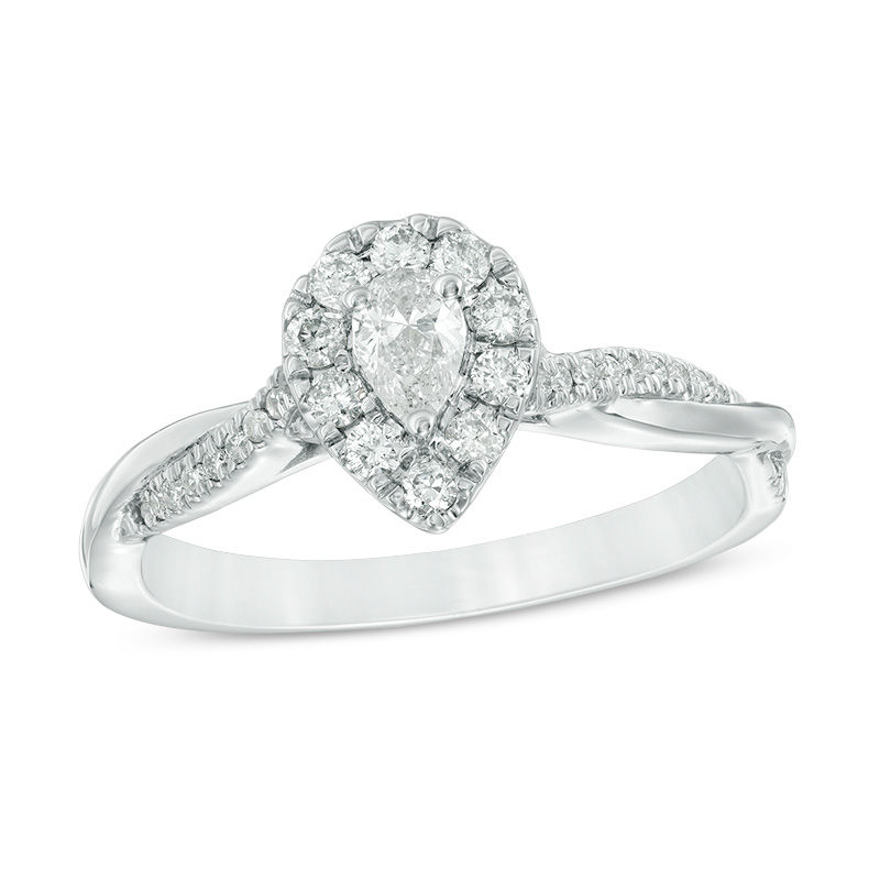 Main Image 1 of 3/8 CT. T.W. Pear-Shaped Diamond Frame Twist Engagement in 10K White Gold