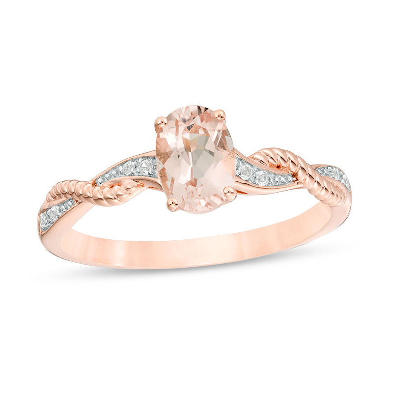 Main Image 1 of Oval Morganite and Lab-Created White Sapphire Rope Twist Shank Ring in Sterling Silver with 14K Rose Gold Plate