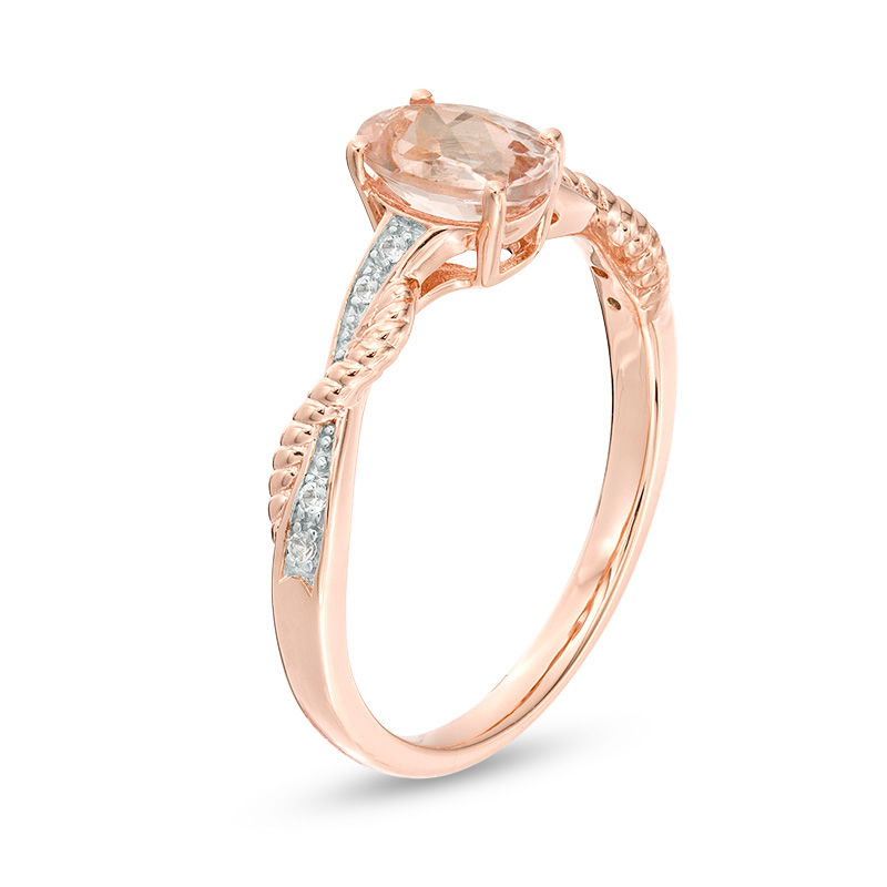 Main Image 2 of Oval Morganite and Lab-Created White Sapphire Rope Twist Shank Ring in Sterling Silver with 14K Rose Gold Plate