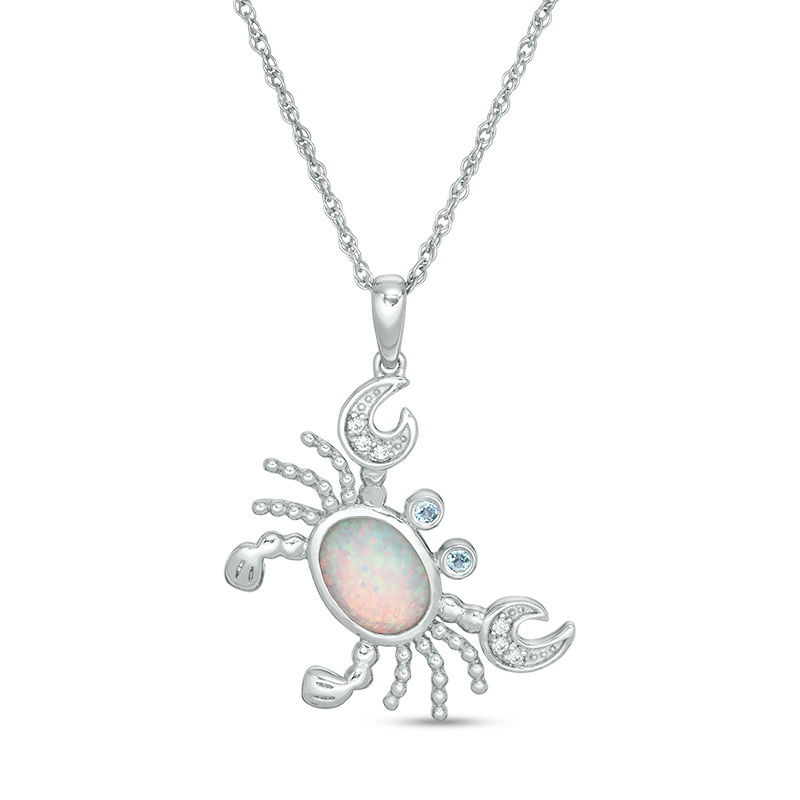 Main Image 1 of Lab-Created Opal, White Sapphire and Swiss Blue Topaz Crab Tilted Pendant in Sterling Silver